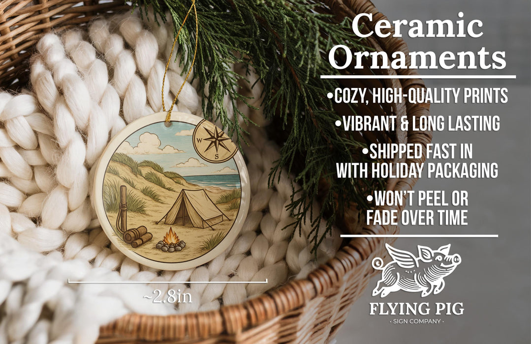 Ceramic ornaments, a wicker basket, and a pine tree are featured in the image.