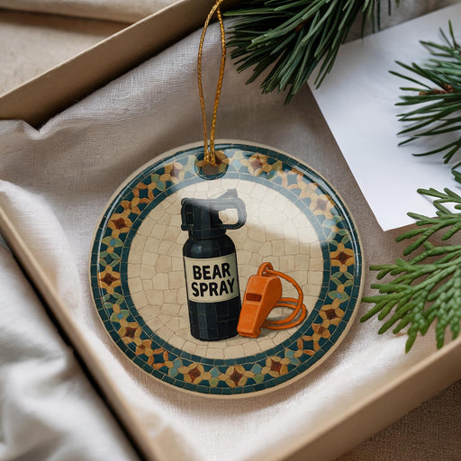 A decorative ornament with a black spray bottle and an orange whistle, placed on a white surface next to a pine branch.