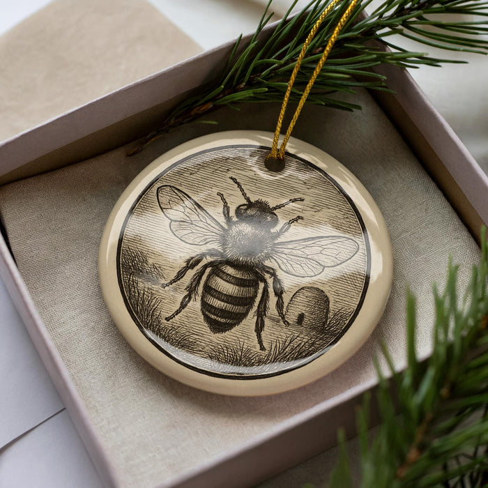 A decorative ornament featuring a bee is displayed in a box, surrounded by pine branches.
