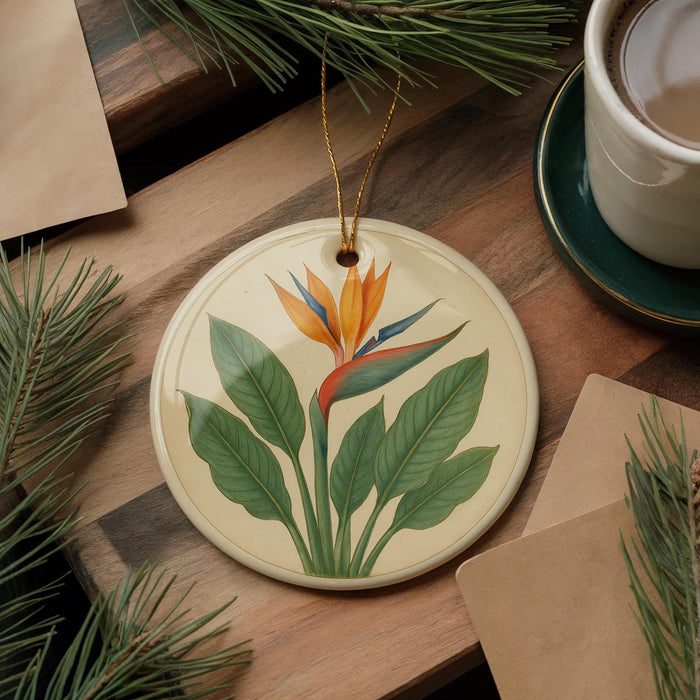 a round ceramic ornament with a tropical flower design, placed on a wooden surface alongside a cup of coffee and some pine branches.