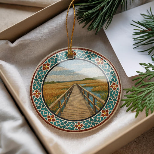 A decorative ornament featuring a wooden bridge over a river, surrounded by a colorful border and a scenic landscape.