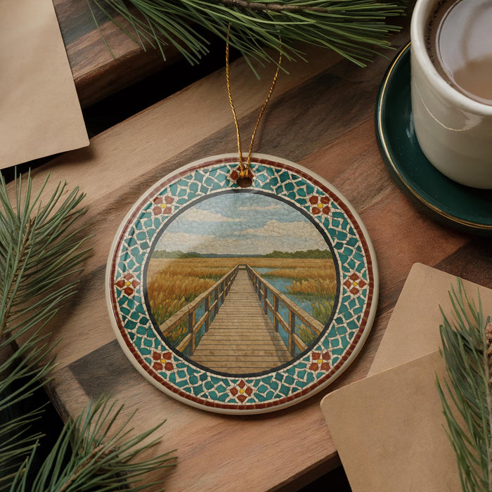 A decorative ornament featuring a wooden bridge over a river, surrounded by pine branches and a cup of coffee on a wooden surface.