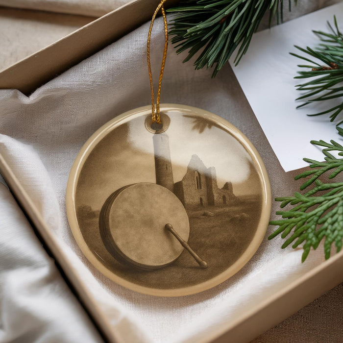 A round ornament with a picture of a castle on it, hanging from a string.