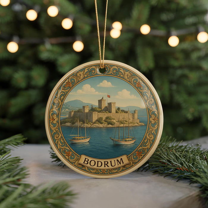 A decorative ornament featuring a castle on a body of water, surrounded by pine branches and holiday lights.