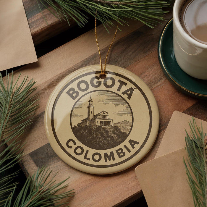 A circular ornament with the text "BOGOTÁ COLOMBIA" and an illustration of a building on a hill, surrounded by pine branches and a cup of coffee.