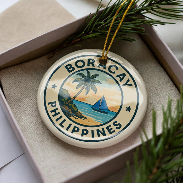 A round ornament with the text "BORACAY PHILIPPINES" and a palm tree design, placed in a box with pine branches.