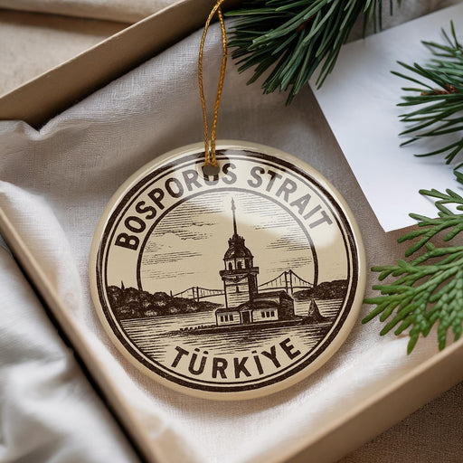 A circular ornament with a drawing of a lighthouse and a bridge, surrounded by the text "BOSPORUS Straat" and "TURKEYE".