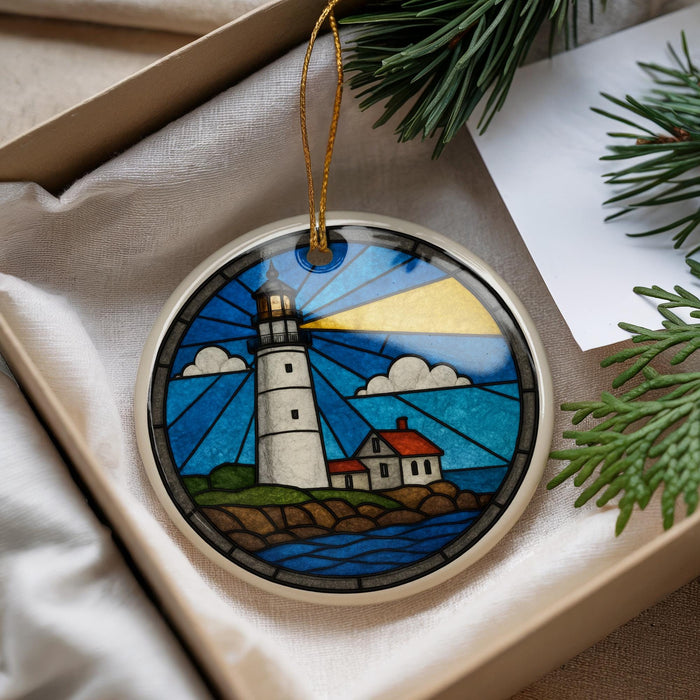 A stained glass ornament depicting a lighthouse is displayed in a box, surrounded by pine branches.