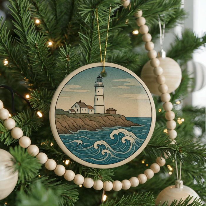 A round ornament on a Christmas tree depicting a lighthouse on a cliff overlooking the ocean.