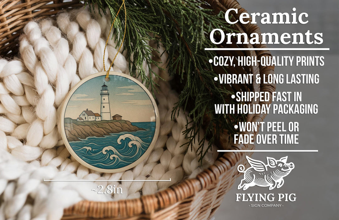 Ceramic ornaments, featuring a lighthouse on a rocky shore, are displayed in a woven basket.