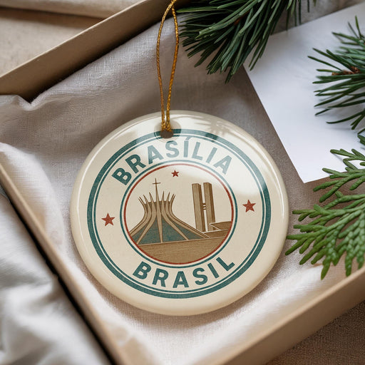 A circular ornament with the text "BRASILIA BRASIL" and an illustration of the Christ Church Cathedral in Brasilia, Brazil, is displayed in a box with pine branches.