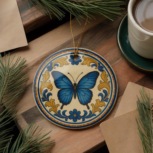 a decorative ceramic butterfly ornament with a blue and yellow floral design, hanging on a wooden surface.