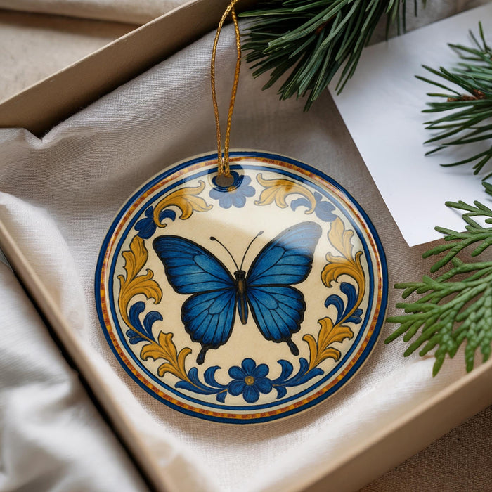 A decorative blue and gold butterfly ornament is displayed in a box, surrounded by pine branches and greenery.