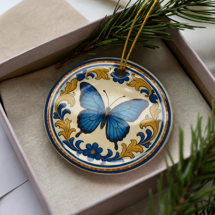 A decorative ceramic butterfly ornament with blue and yellow floral patterns is displayed in a box, surrounded by pine branches.
