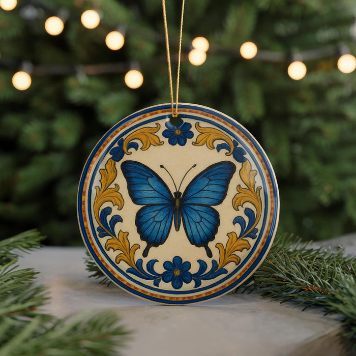 A decorative ceramic ornament featuring a blue butterfly is displayed on a table, surrounded by pine branches and twinkling lights.