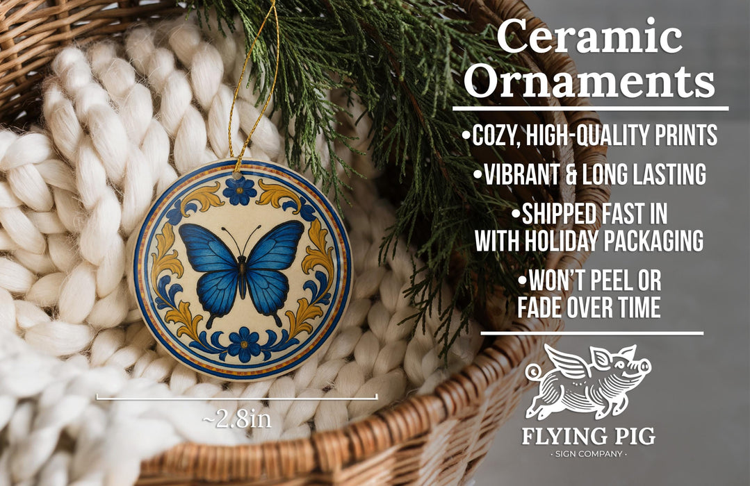 Ceramic ornaments, featuring a butterfly design, are displayed in a wicker basket.