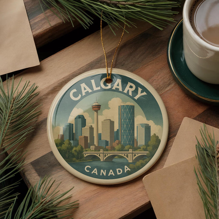 A decorative ornament featuring a cityscape of Calgary, Canada, with a bridge and trees, is displayed on a wooden surface alongside a cup of coffee and some papers.