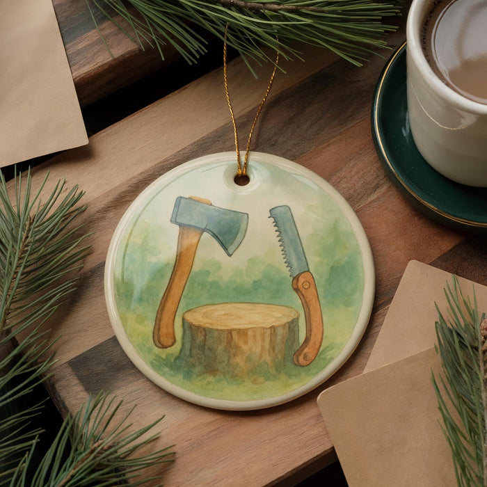 A ceramic ornament featuring a tree stump and two tools, likely a saw and an axe, is displayed on a wooden surface alongside a cup of coffee and some pine branches.