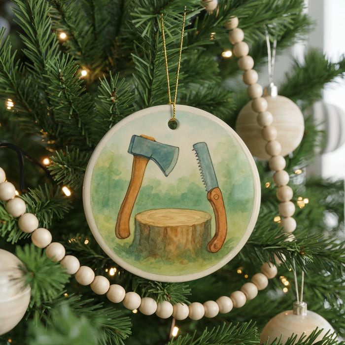 A Christmas tree decorated with ornaments, including a circular ornament with a blue axe and a saw, and a beaded ornament.