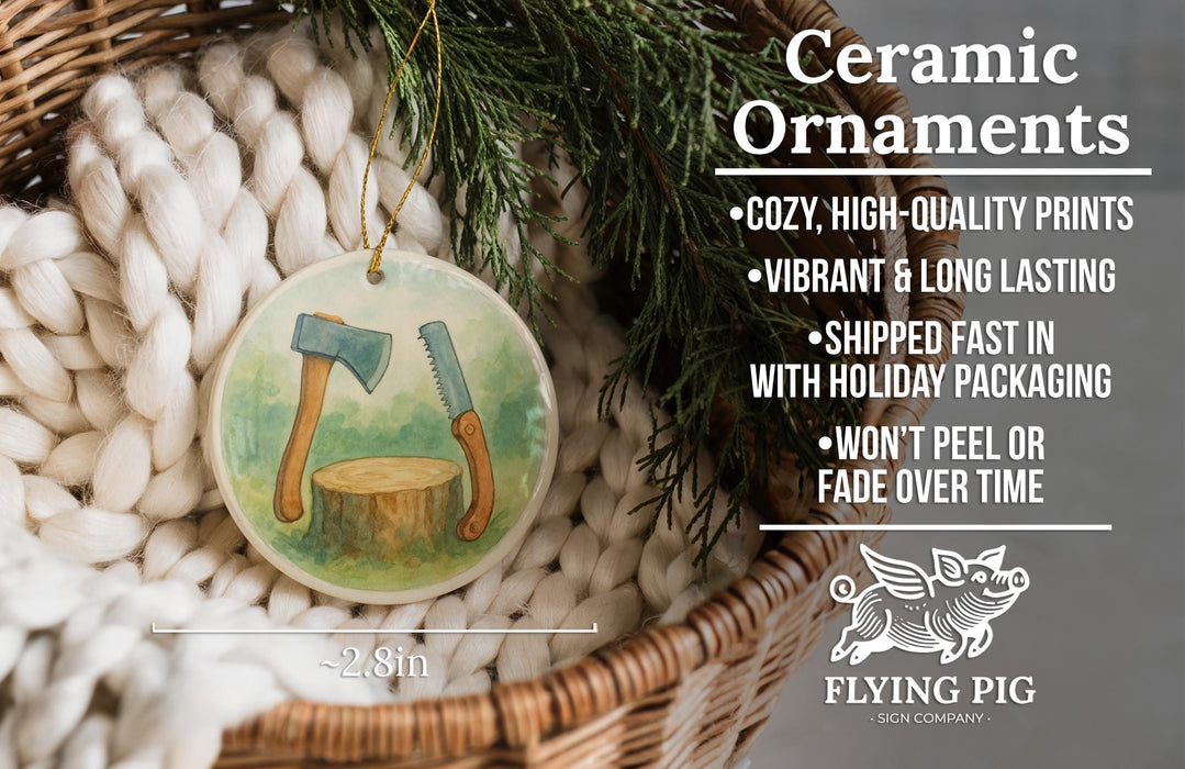 Ceramic ornaments, including a tree stump and a pair of axes, are displayed in a woven basket.