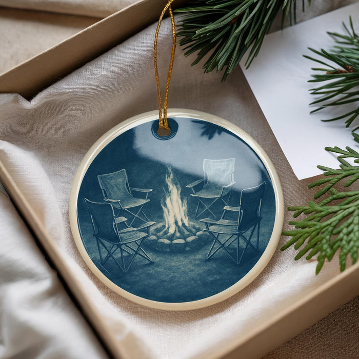 A blue and white ornament featuring a campfire with camping chairs around it, placed on a beige surface next to pine branches.