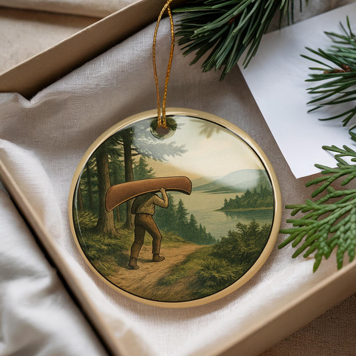 A round ornament depicting a person carrying a large brown canoe on a path through a forest, with a scenic landscape in the background.