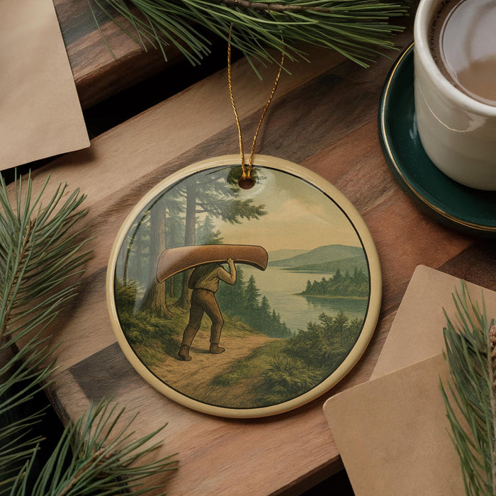 A round ornament featuring a person carrying a large canoe on a path through a forest, with a lake and mountains in the background.
