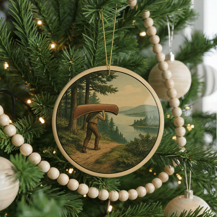 A circular ornament on a Christmas tree depicting a person carrying a large brown object, likely a canoe, on a path through a forest.