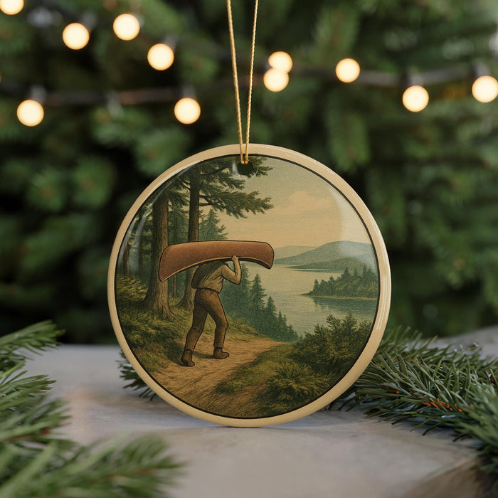A circular ornament featuring a person carrying a large brown canoe, set against a scenic landscape with a lake and forest in the background.