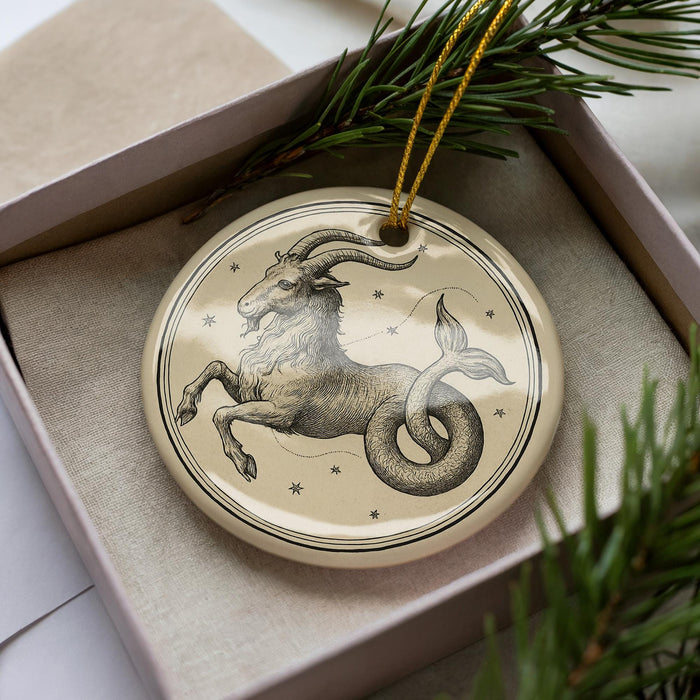 A decorative ornament in a box, featuring a detailed illustration of a mythical creature with horns and a tail, surrounded by stars.