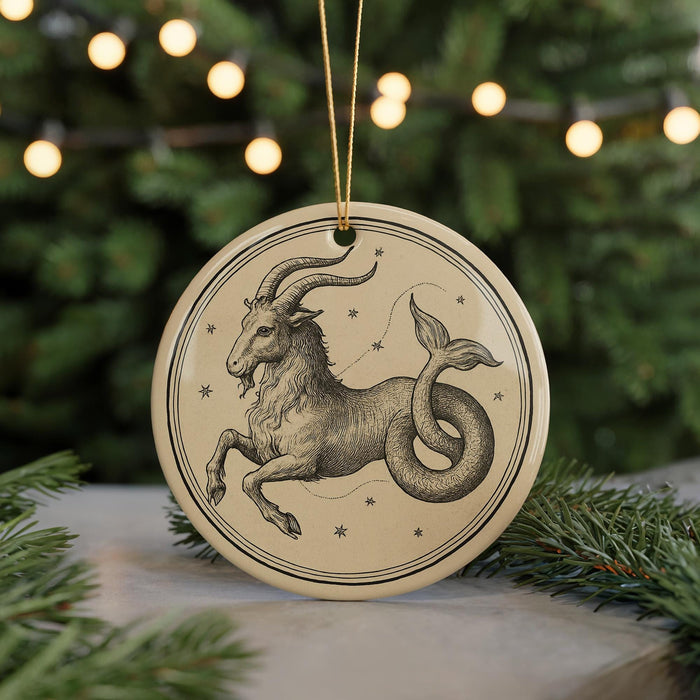 A decorative ornament featuring a stylized depiction of a goat or ram, with stars surrounding it, is displayed on a surface with pine branches in the background.