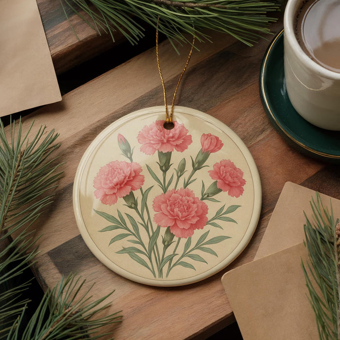 a round ceramic ornament with a floral design, including pink carnations and green leaves, placed on a wooden surface. There is also a cup of coffee and some papers or cards in the background.