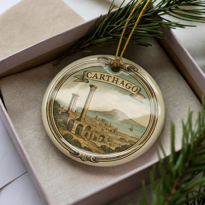 A decorative ornament in a box, featuring a landscape with a castle and a body of water.