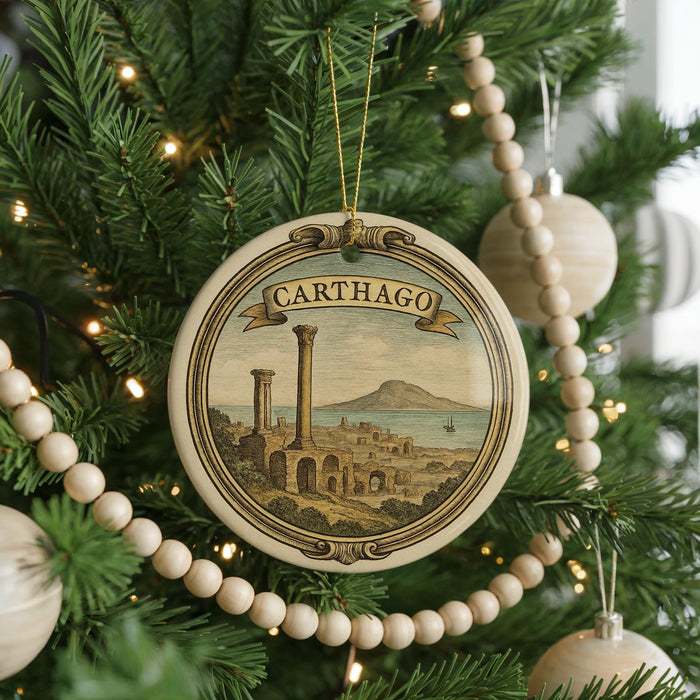 A circular ornament on a Christmas tree, featuring an illustration of a cityscape with a mountain in the background.