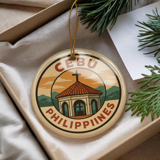 A round ornament with the text "CEBU PHILIPPINES" and an illustration of a church or cathedral, hanging from a string.