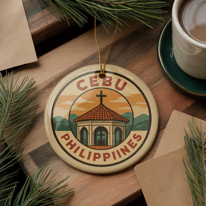 A round ornament with the text "CEBU PHILIPPINES" and an illustration of a church, placed on a wooden surface next to a cup of coffee and pine branches.