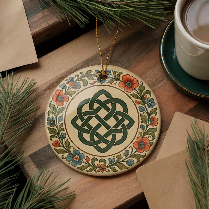 a decorative ornament with a Celtic knot design, surrounded by pine branches and a cup of coffee on a wooden surface.