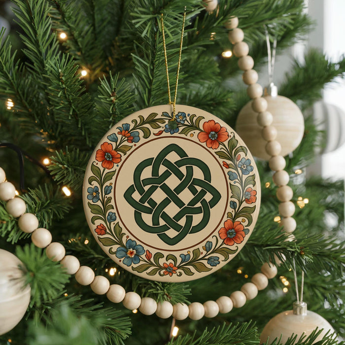 A Christmas tree decorated with a round ornament featuring a Celtic knot design surrounded by colorful flowers.