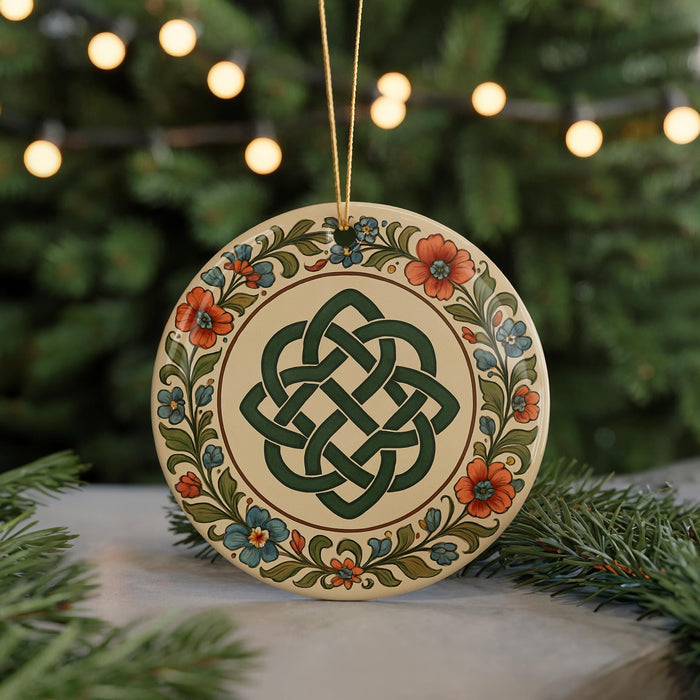 A decorative ornament with a Celtic knot design is displayed on a table, surrounded by pine branches and twinkling lights.