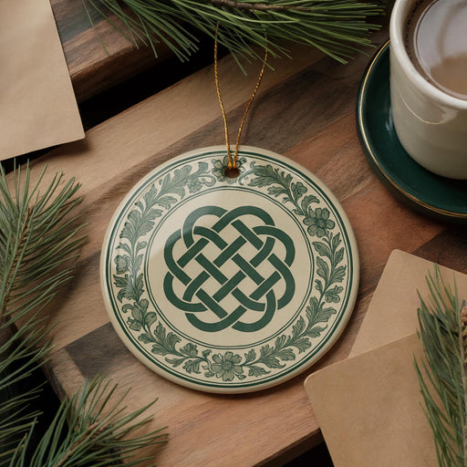a decorative ceramic ornament with a green and white design, hanging on a wooden surface. There is also a cup of coffee and some pine branches in the background.