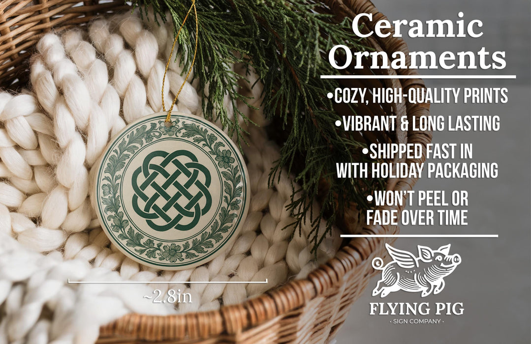 Ceramic ornaments, featuring a ceramic ornament with a Celtic knot design, are displayed in a wicker basket.