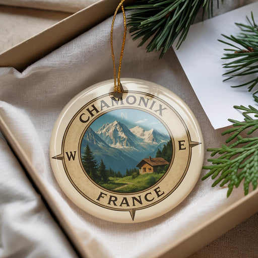 A decorative ornament with a compass design, featuring a mountain landscape and a cabin, is displayed in a box with pine branches.