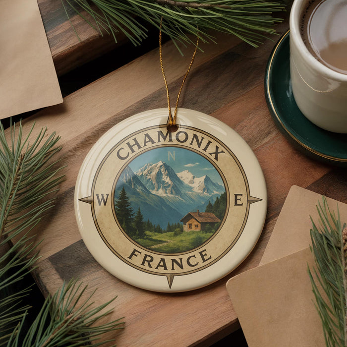 A decorative ornament with a compass design, featuring a mountain landscape and a house, is displayed on a wooden surface alongside a cup of coffee and some pine branches.