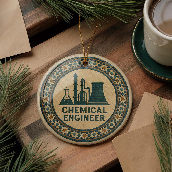 a circular ornament with a design of a laboratory or chemical engineering facility, surrounded by pine branches and a cup of coffee on a wooden surface.