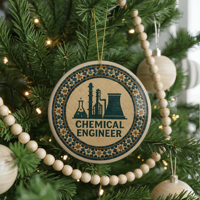 A Christmas tree decorated with ornaments, including a circular ornament with a chemical engineer logo.