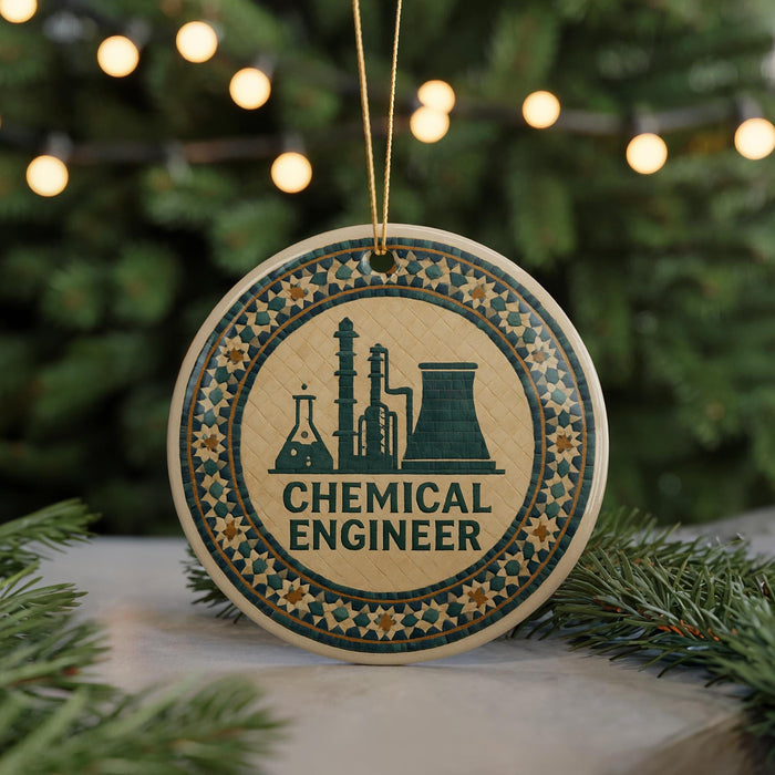 A round ornament with a design featuring a chemical engineer and laboratory equipment, surrounded by a decorative border.
