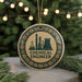 A round ornament with a design featuring a chemical engineer and laboratory equipment, surrounded by a decorative border.