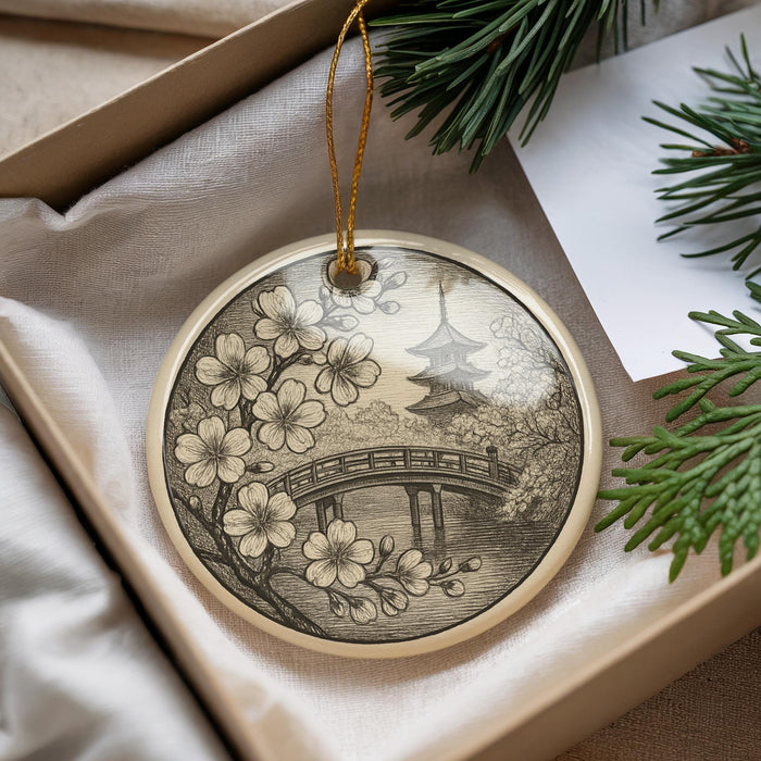 A decorative ornament featuring a Japanese temple and cherry blossom flowers, hanging from a string.