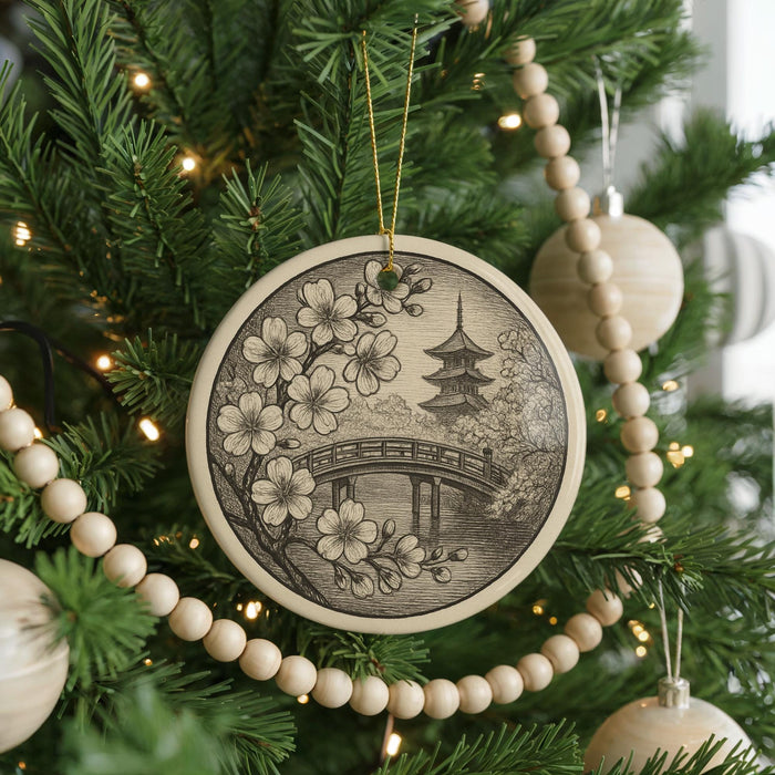 A Christmas tree decorated with ornaments, including a circular ornament with a floral design and a pagoda in the background.