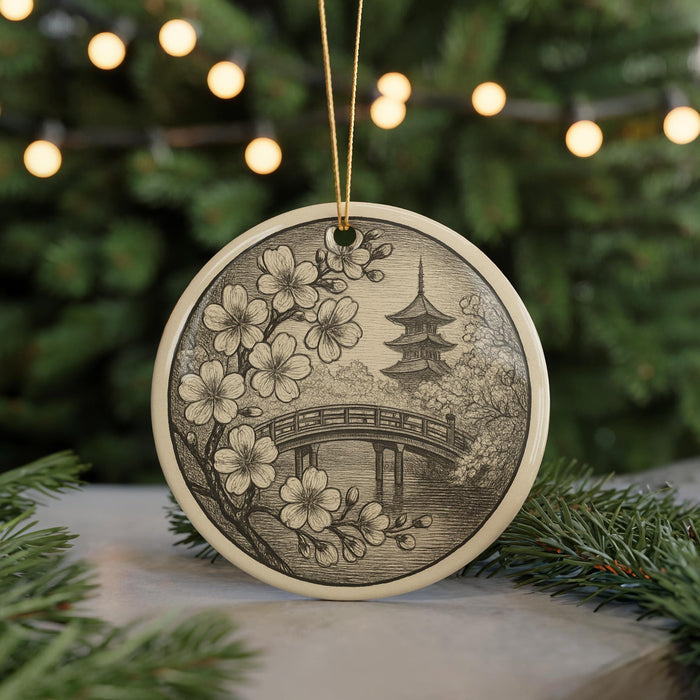 A decorative ornament featuring a Japanese temple and cherry blossom flowers, hanging on a string against a blurred background of Christmas lights.